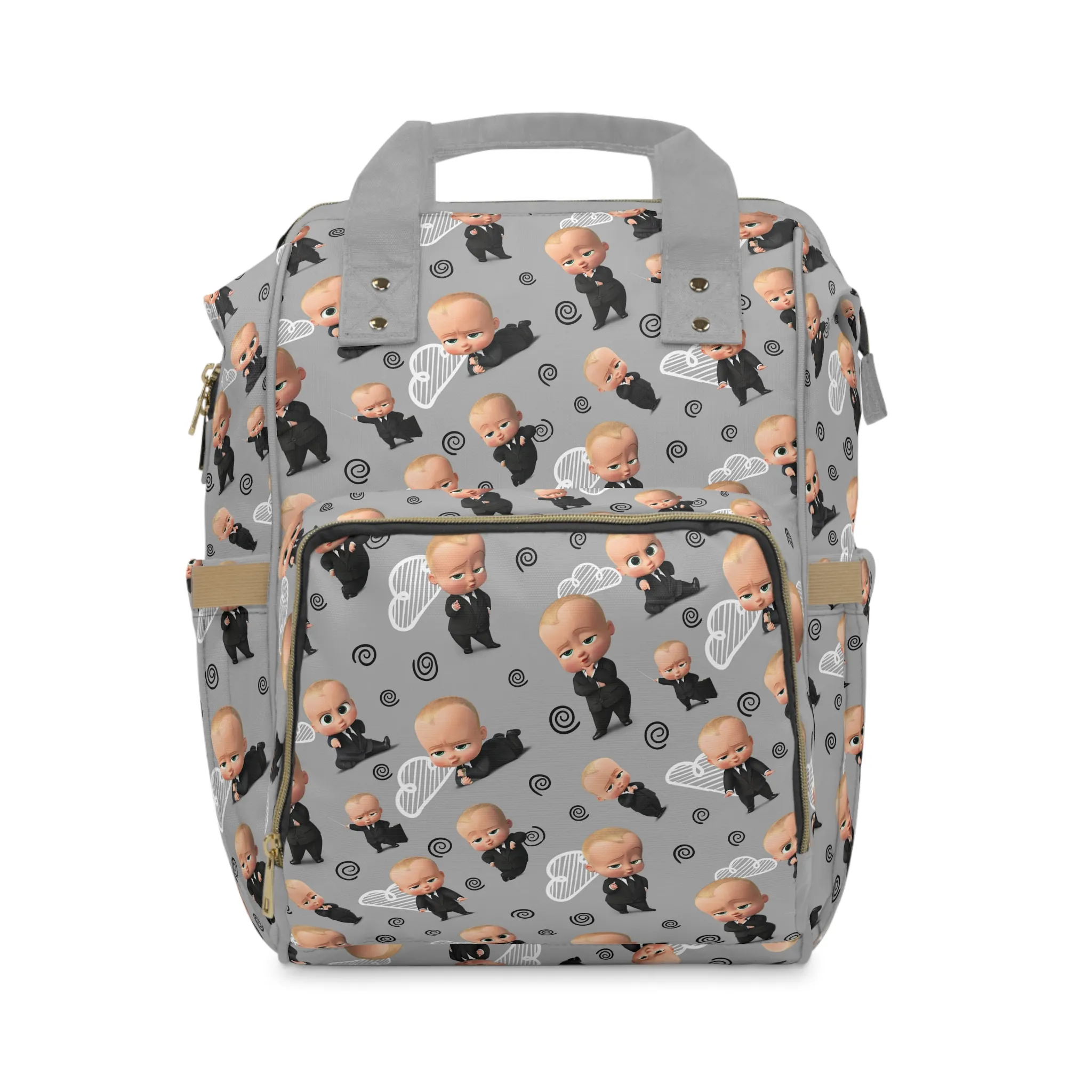 Grey Boss Baby diaper bag backpack with the Boss Baby in his suit tossed across the print, the baby's name on the pocket.