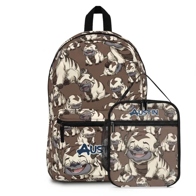 Chibi Appa backpack and matching lunch bag set in brown with personalized name