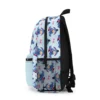 Blue Eeyore backpack from the side, showing the printed pattern wrapping around to the bottle pocket.