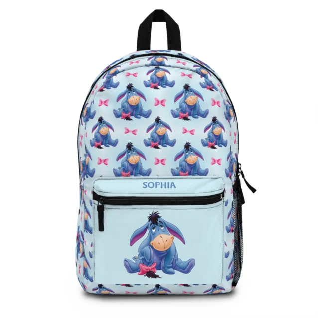 Eeyore backpack for school in soft blue with a big Eeyore on the pocket and a personalized name.