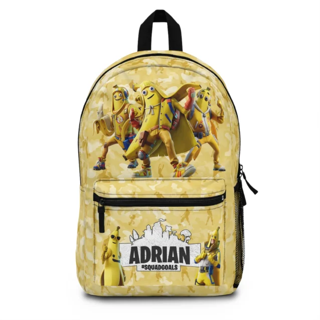 Personalized Fortnite Peely Banana Squad backpack, front view, yellow camo with dancing banana characters and a name.