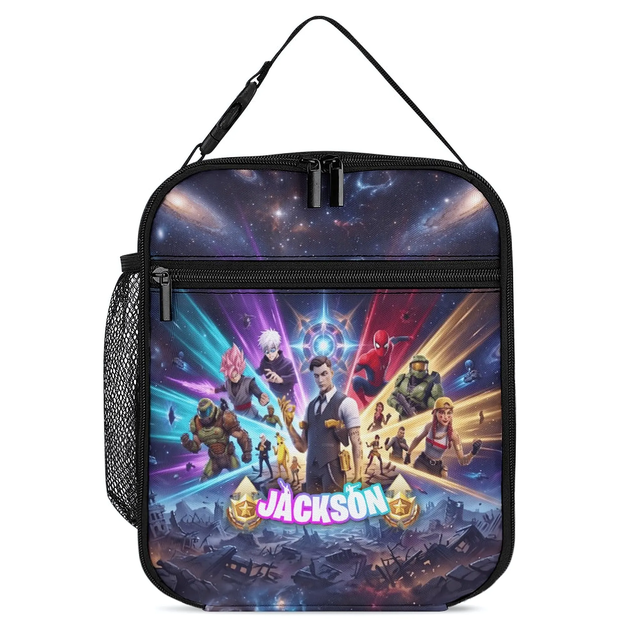 Personalized Fortnite lunch bag in the Midas & Master Chief Squad design, front view