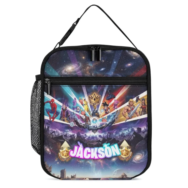 Personalized Fortnite lunch bag in the Goku & He-Man Victory Crown design, front view