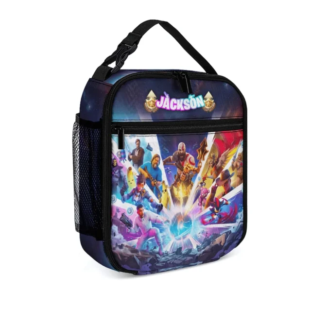 Fortnite lunch bag in the Kratos & Jedi Legends design, angled view