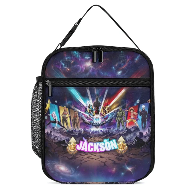 Personalized Fortnite lunch bag in the Luffy & Black Knight Squad design, front view