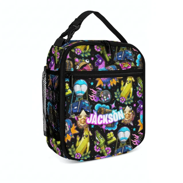 Fortnite lunch bag in the Peely Doodle Sticker black design with the mesh side pocket