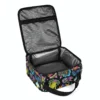 Fortnite lunch bag in the Peely Doodle Sticker black design, open, showing the insulated lining