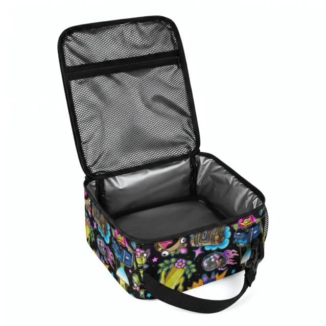 Fortnite lunch bag in the Peely Doodle Sticker black design, open, showing the insulated lining
