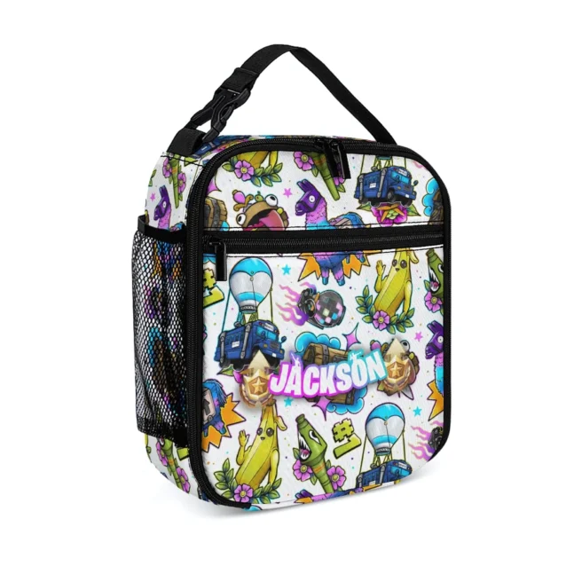 Fortnite lunch bag in the Peely Doodle Sticker white design with llamas, loot chests and the battle bus