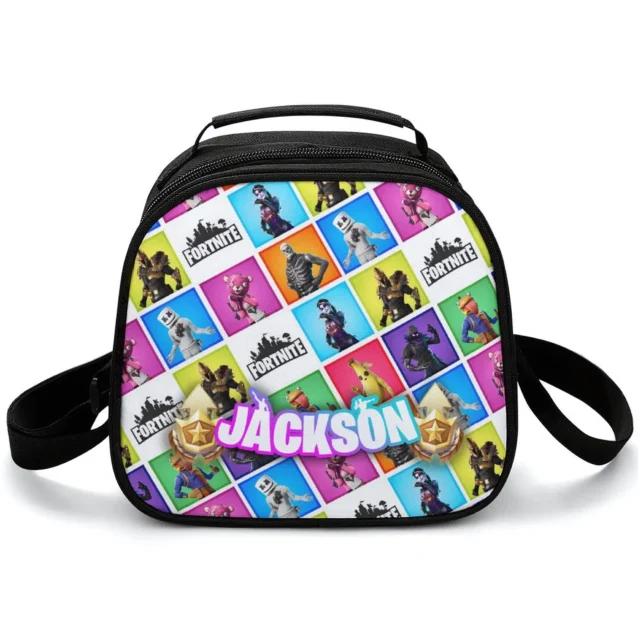 Personalized Fortnite lunch bag in the Comic Grid design with character panels and the Fortnite logo