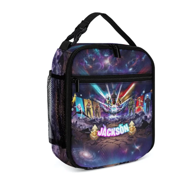 Fortnite lunch bag in the Luffy & Black Knight Squad design, angled view