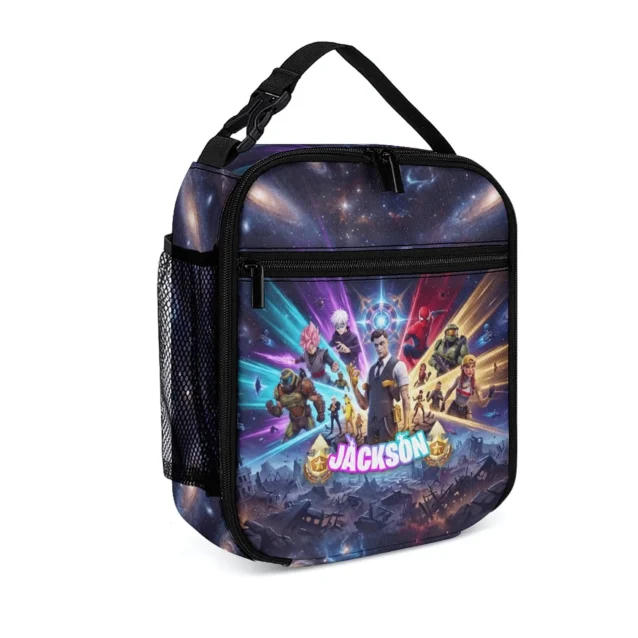 Fortnite lunch bag in the Midas & Master Chief Squad design, side view