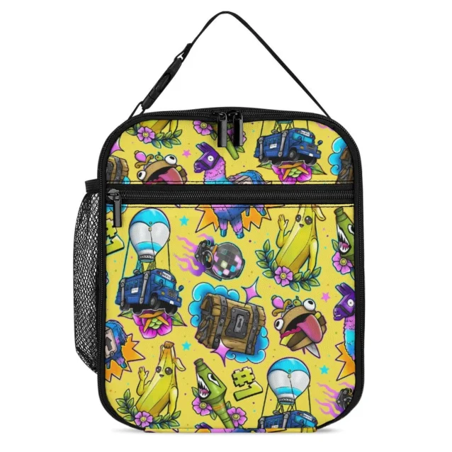 Yellow Fortnite Loot Llama Toss portable insulated lunch bag with llamas, Peely, Durrr Burger and battle bus doodle art