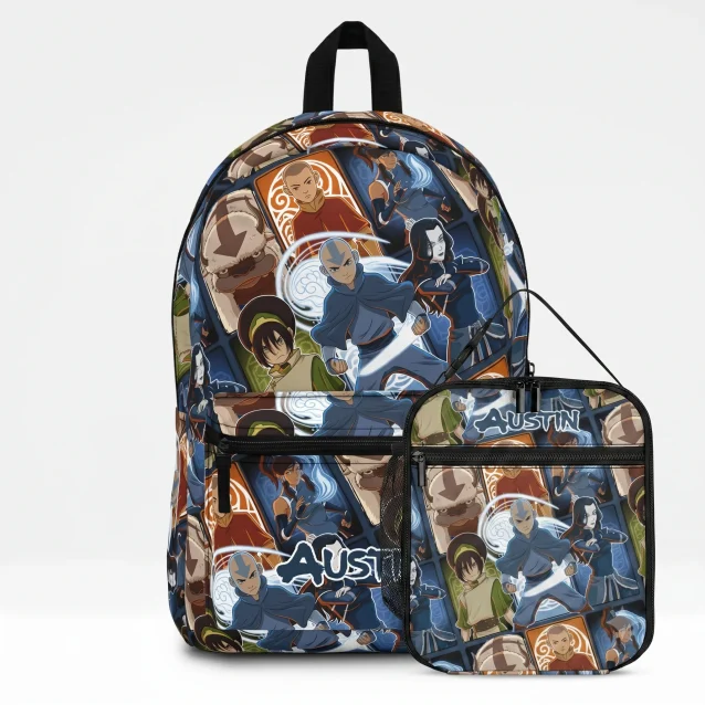 Four Nations saga backpack and lunch box set with Avatar scenes in blue and orange