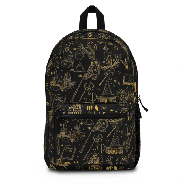 Golden Hogwarts doodles on black Harry Potter backpack, front view