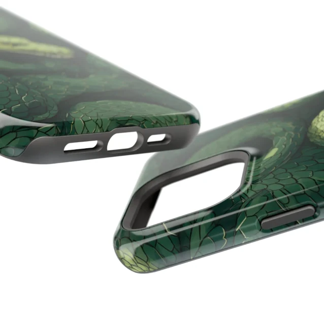 Slytherin serpent Harry Potter phone case at an angle, showing the precise port and button cutouts.