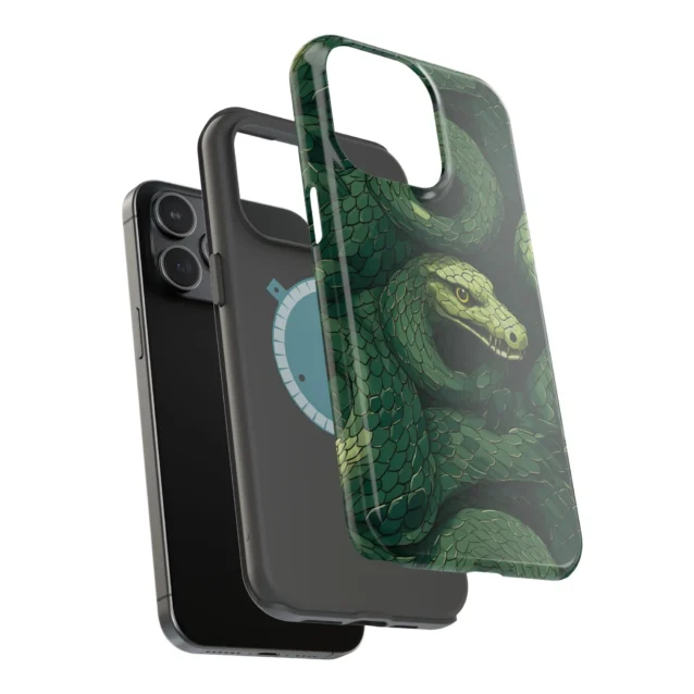 Slytherin serpent Harry Potter MagSafe phone case showing the embedded magnet ring on the back.