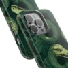 Close-up of the durable Slytherin snake Harry Potter tough case showing the camera cutout and print.