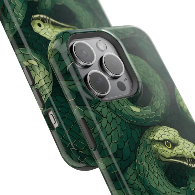 Close-up of the durable Slytherin snake Harry Potter tough case showing the camera cutout and print.