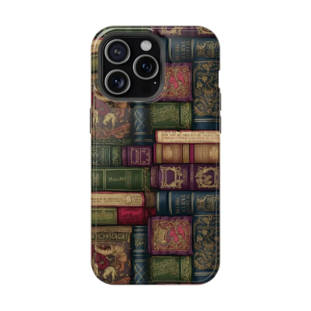 Harry Potter spellbook-library phone case with vintage magic books for iPhone, Samsung and Pixel.