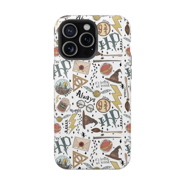 White Harry Potter icons phone case with the Deathly Hallows, snitch and 'Always' for iPhone and Samsung.