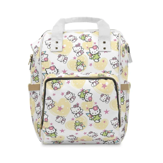 White Hello Kitty diaper bag with fairy-wing Kitty, soft yellow hearts and stars.