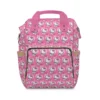 Hot pink Hello Kitty diaper bag with rows of Kitty in pink hearts, the baby's name printed on the pocket.