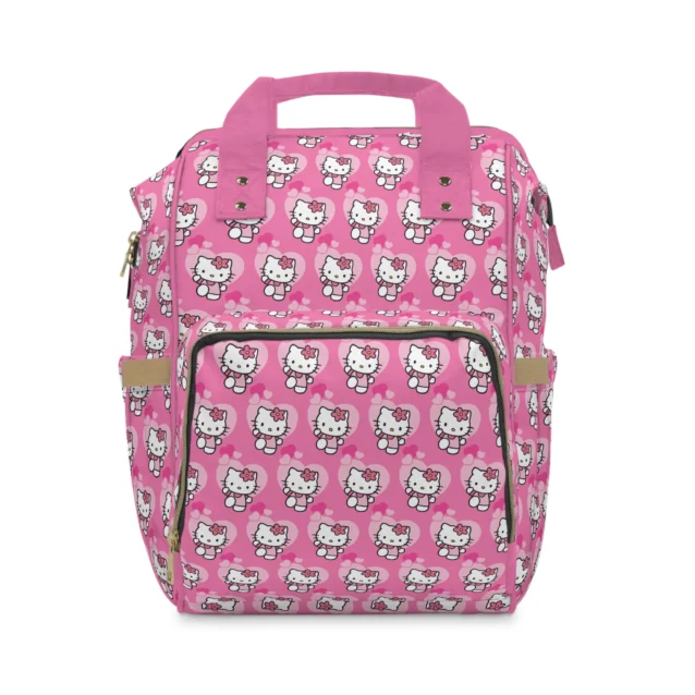 Hot pink Hello Kitty diaper bag with rows of Kitty in pink hearts, the baby's name printed on the pocket.