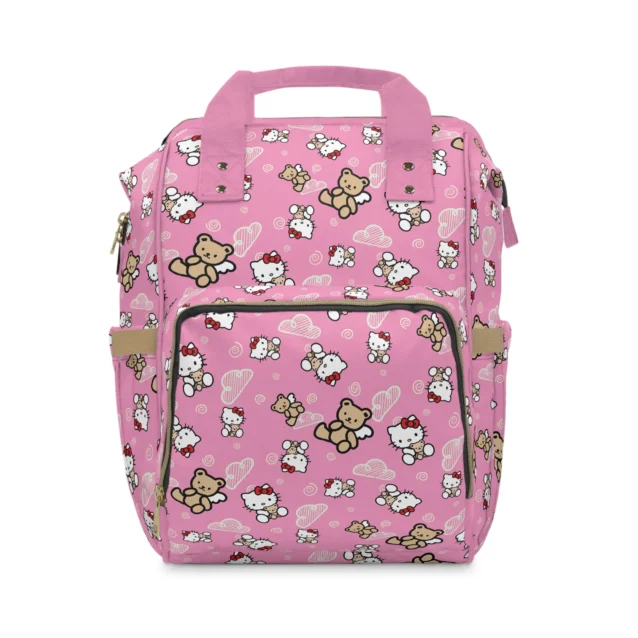 Pink Hello Kitty diaper bag with teddy bears, hearts and Kitty hugging her teddy.
