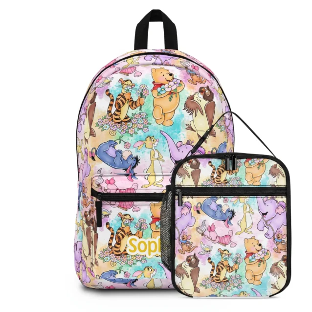 Watercolor Hundred Acre Wood backpack with its matching lunch box set.
