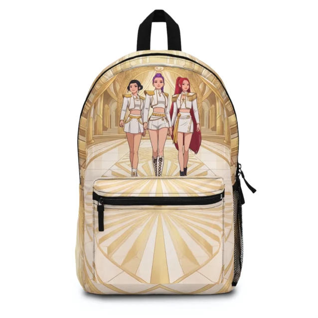 Kpop Demon Hunters golden palace backpack — Huntrix trio Rumi, Mira and Zoey in white and gold royal outfits