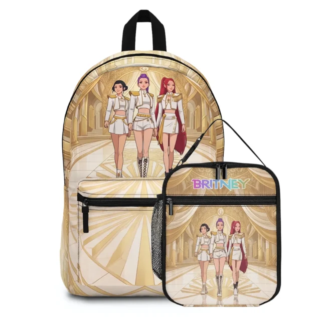 Kpop Demon Hunters golden palace backpack with matching lunch box set — Huntrix trio in white and gold