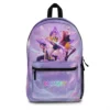 Purple galaxy KPop Demon Hunters backpack with Rumi, Mira and Zoey wielding swords beneath a glowing star