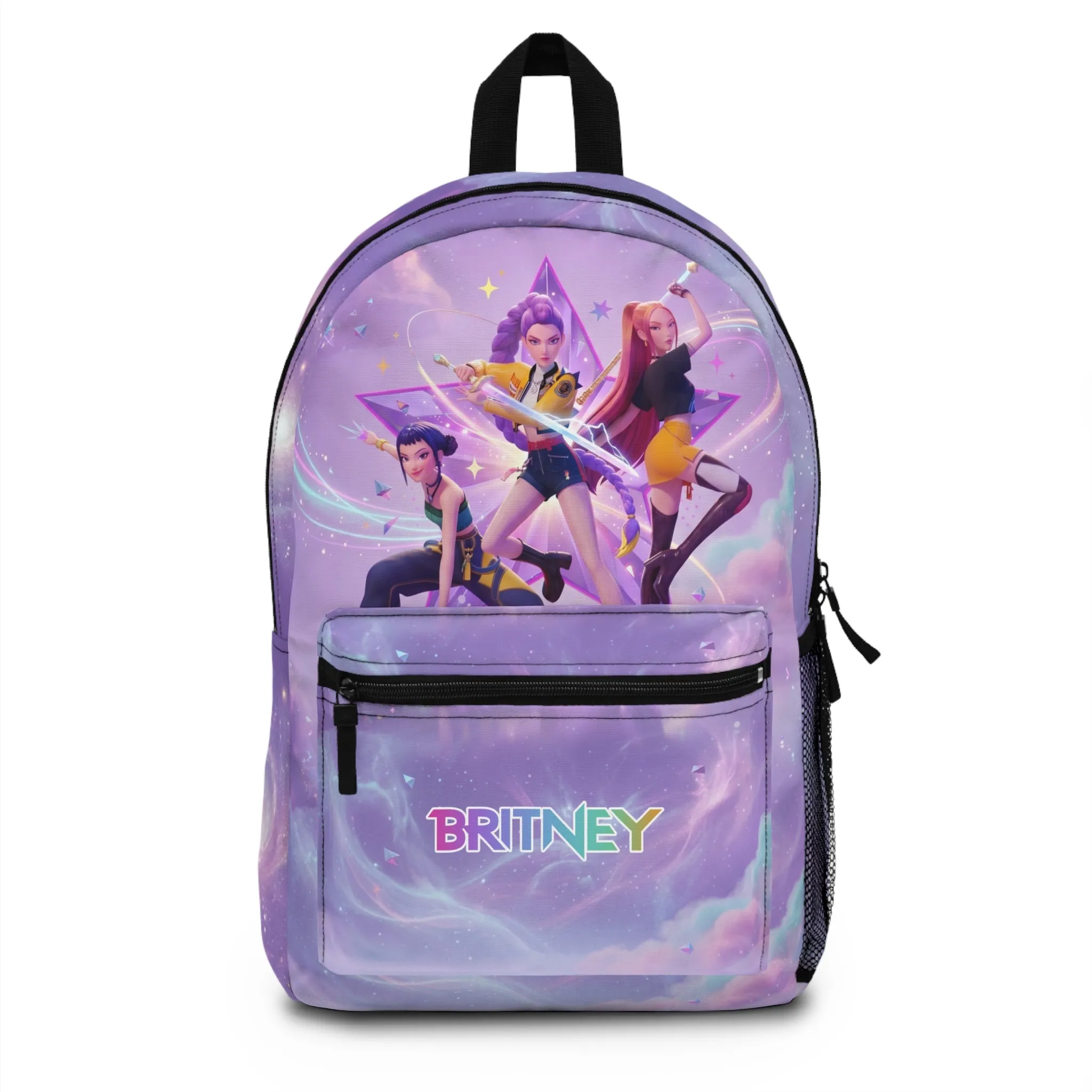 Purple galaxy KPop Demon Hunters backpack with Rumi, Mira and Zoey wielding swords beneath a glowing star