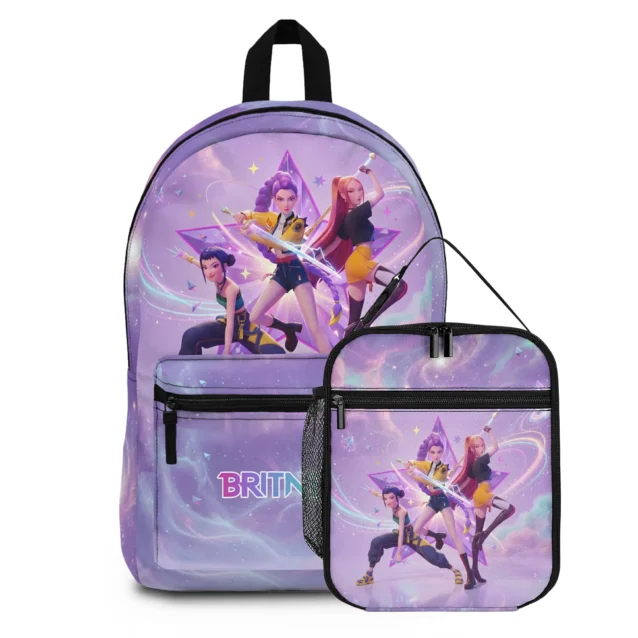 KPop Demon Hunters lavender galaxy backpack with matching lunch box set — Huntrix trio design