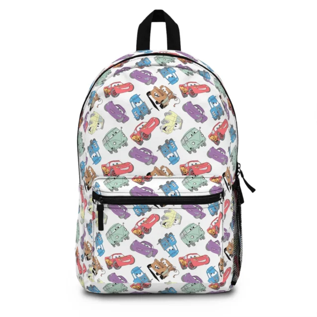 White Lightning McQueen backpack with a pastel toss of Disney Cars characters — McQueen, Mater and friends — personalized with the child's name.