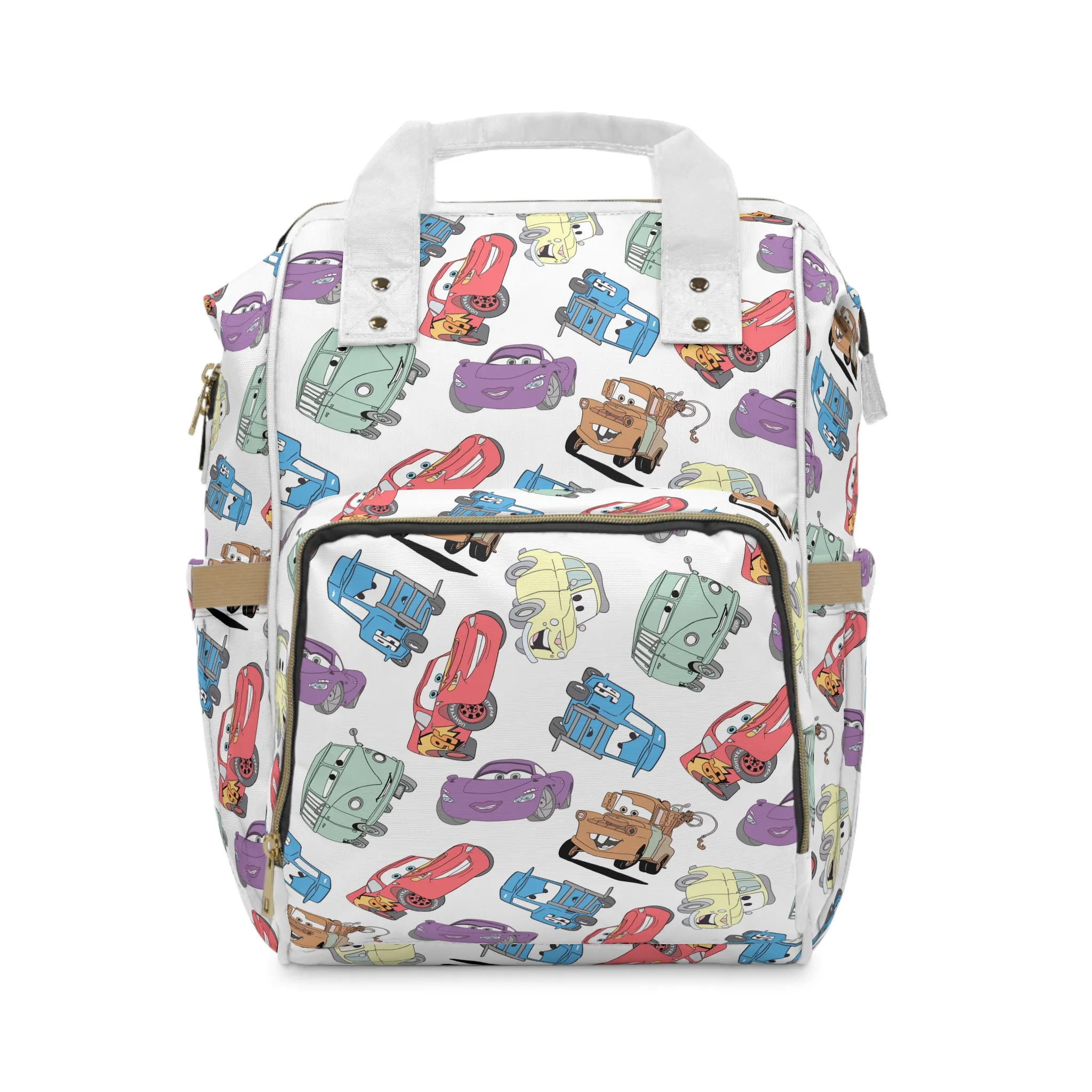 White Lightning McQueen diaper bag backpack with a pastel toss of Disney Cars characters, the baby's name printed on the front pocket.