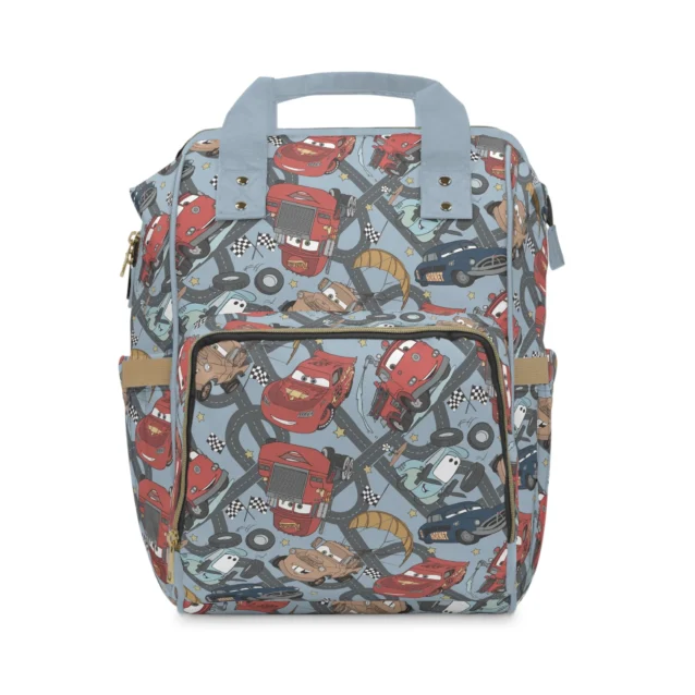 Grey Lightning McQueen diaper bag with roads, tires, race flags and McQueen and Mater artwork.