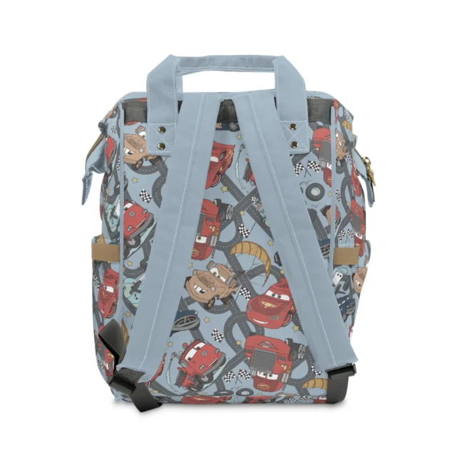Back view of the grey racing roads Lightning McQueen nappy bag.