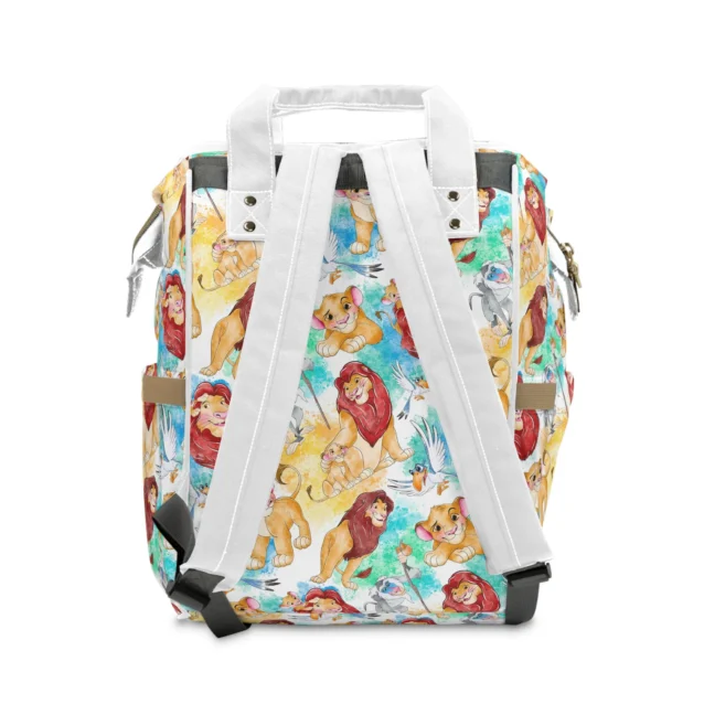 Back view of the Lion King watercolor diaper bag showing the padded straps.