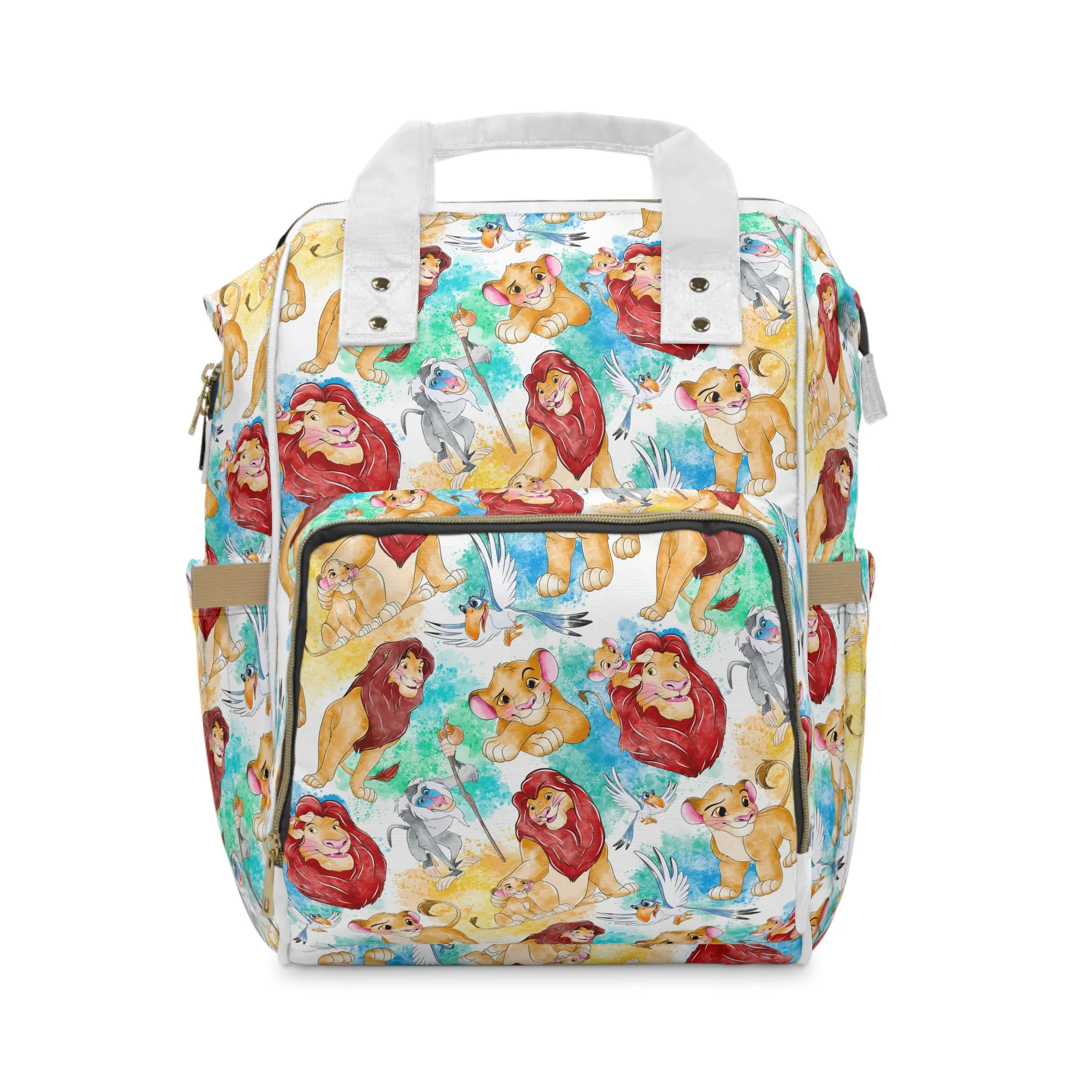 White Lion King diaper bag backpack with a watercolor toss of Simba, Mufasa, Nala, Timon and Pumbaa, the baby's name printed on the pocket.