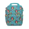 Teal Little Mermaid diaper bag backpack with chibi Ariel in flower wreaths, Flounder and Sebastian, the baby's name printed on the pocket.