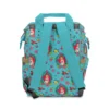 Back view of the teal Ariel wreaths diaper bag showing the padded back panel and straps.