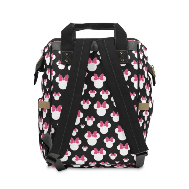 Back view of the black Minnie Mouse bows diaper bag.
