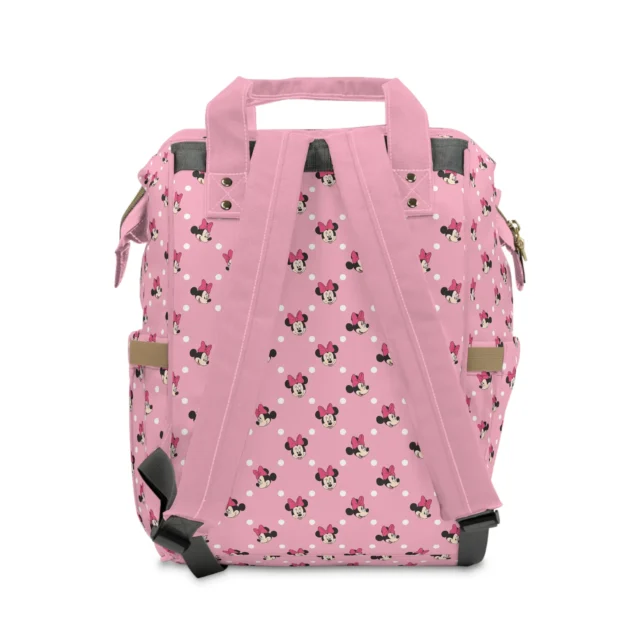 Back view of the pink polka dot Minnie Mouse diaper bag showing the padded straps.
