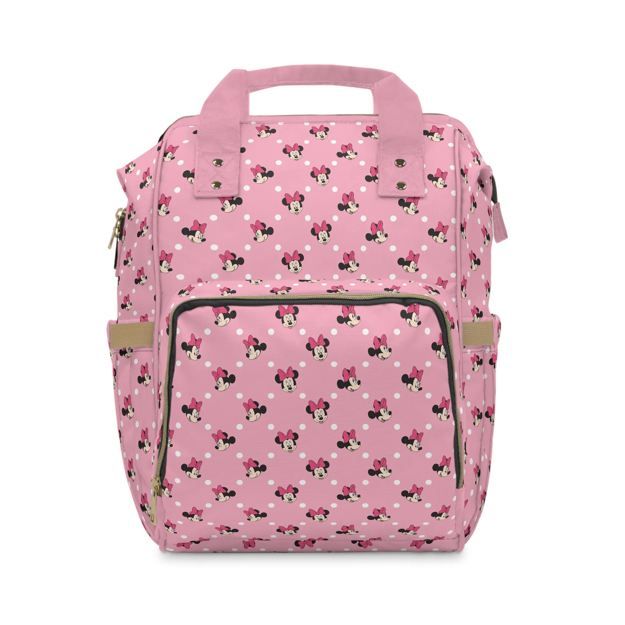 Pink Minnie Mouse diaper bag backpack with Minnie faces and white polka dots, the baby's name printed on the pocket.
