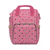 Hot pink striped Minnie Mouse diaper bag with Minnie faces on white stripes.