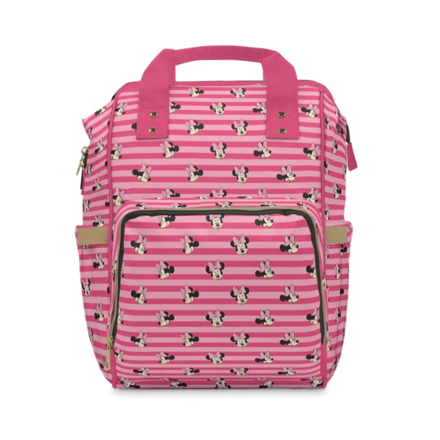 Hot pink striped Minnie Mouse diaper bag with Minnie faces on white stripes.