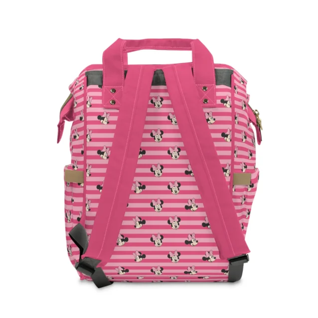 Back view of the hot pink striped Minnie Mouse diaper bag.