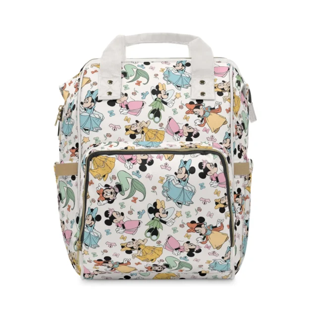 White Minnie Mouse diaper bag with Minnie dressed in Disney princess gowns.